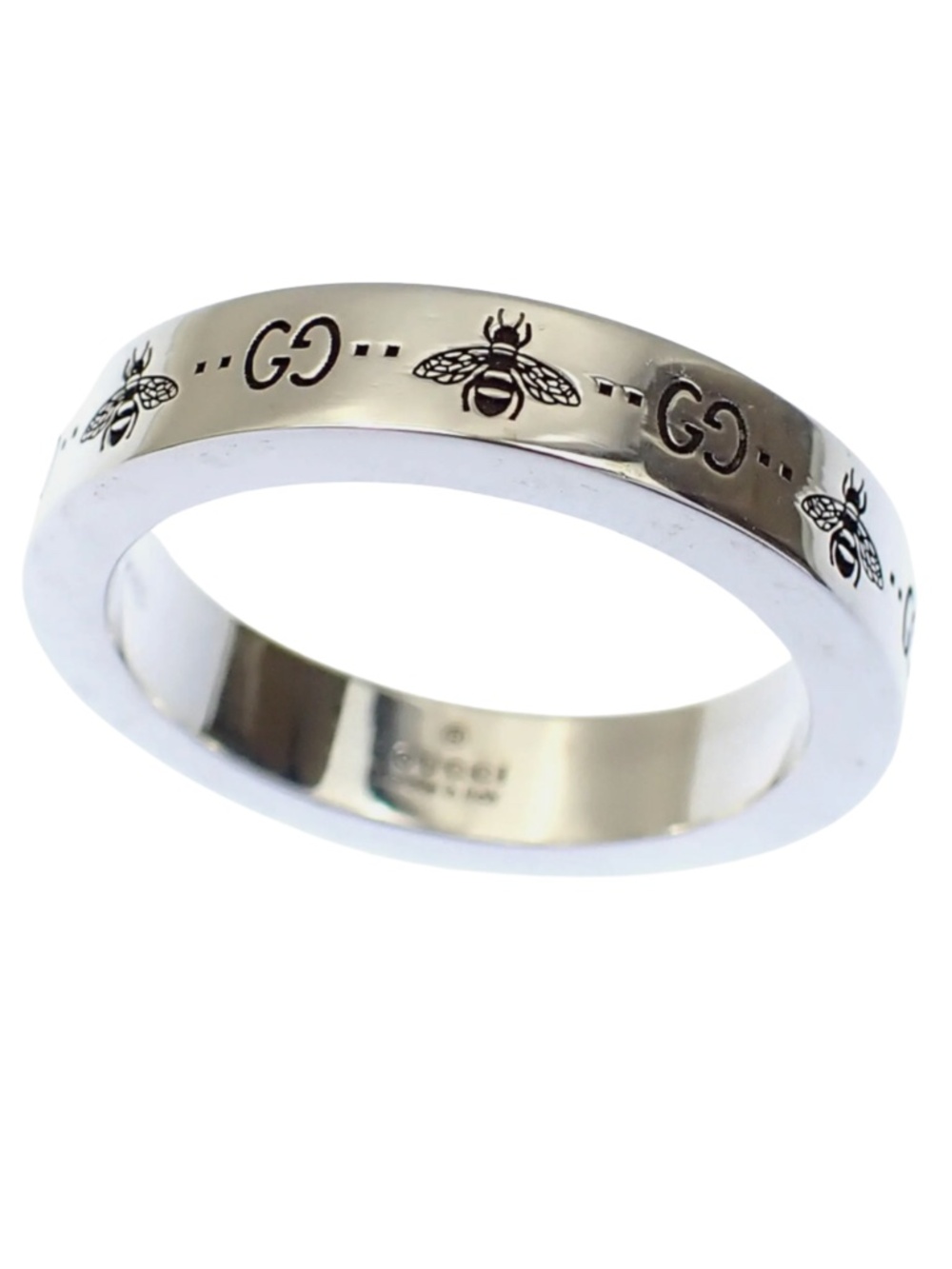 Authentic Gucci GG and Bee Engraved Sterling Silver Thin Ring | 4mm